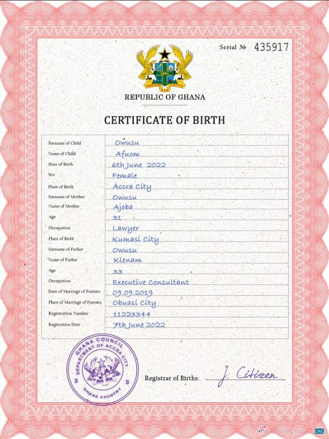 Download Ghana vital record birth certificate PSD template Photoshop template